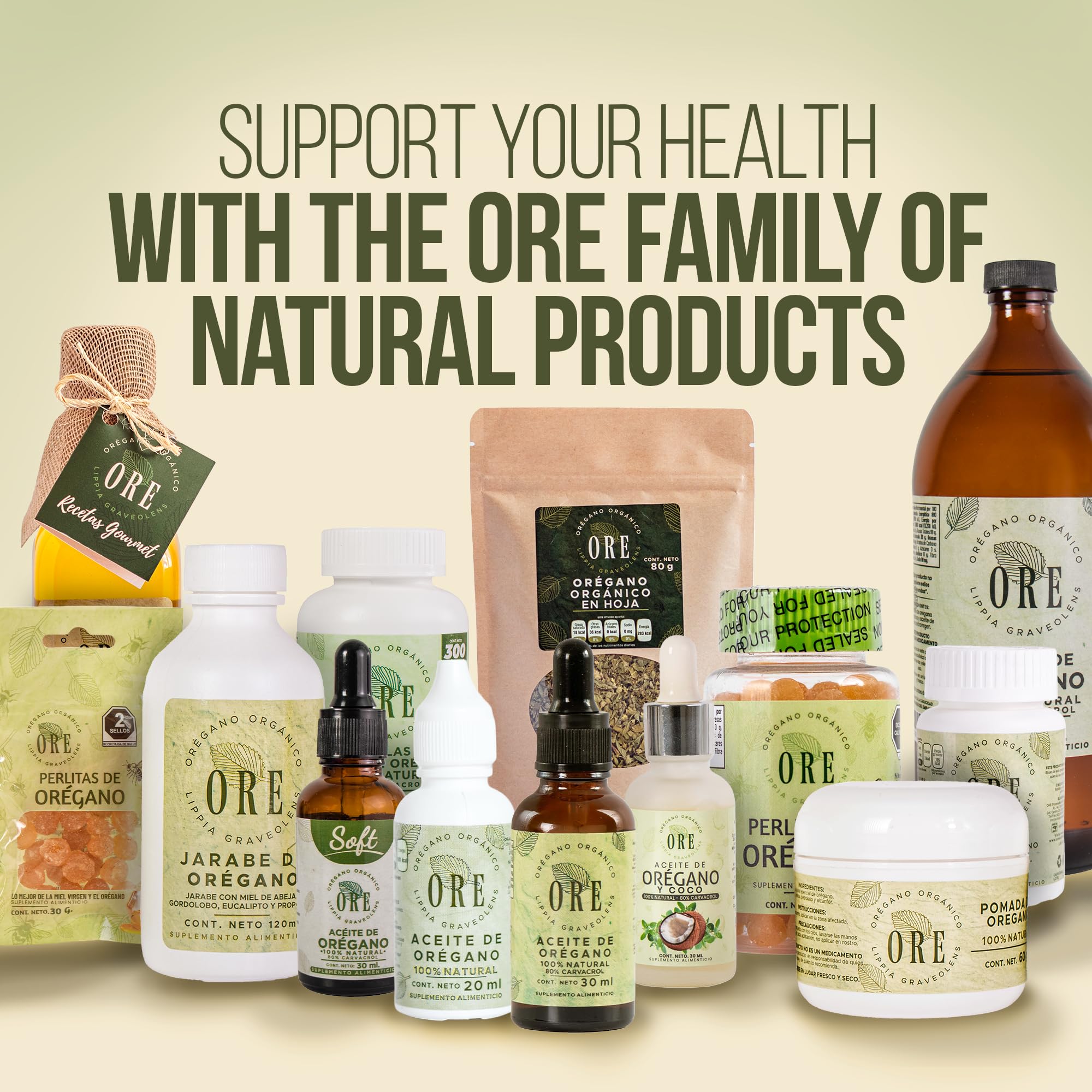 Lifestyle shot of ORE oregano oil supplements on natural background
