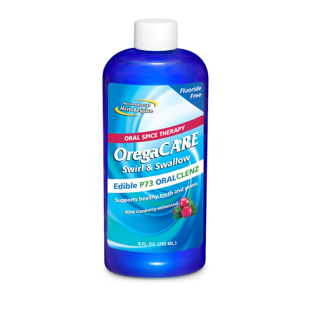 Front view of OregaCare Swirl and Swallow Cranberry Mouthwash 8 fl oz