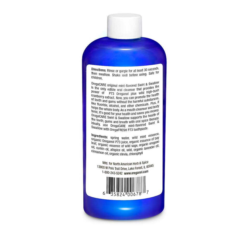 OregaCARE Swirl & Swallow Wild Mint Flavor 8 fl oz label close-up