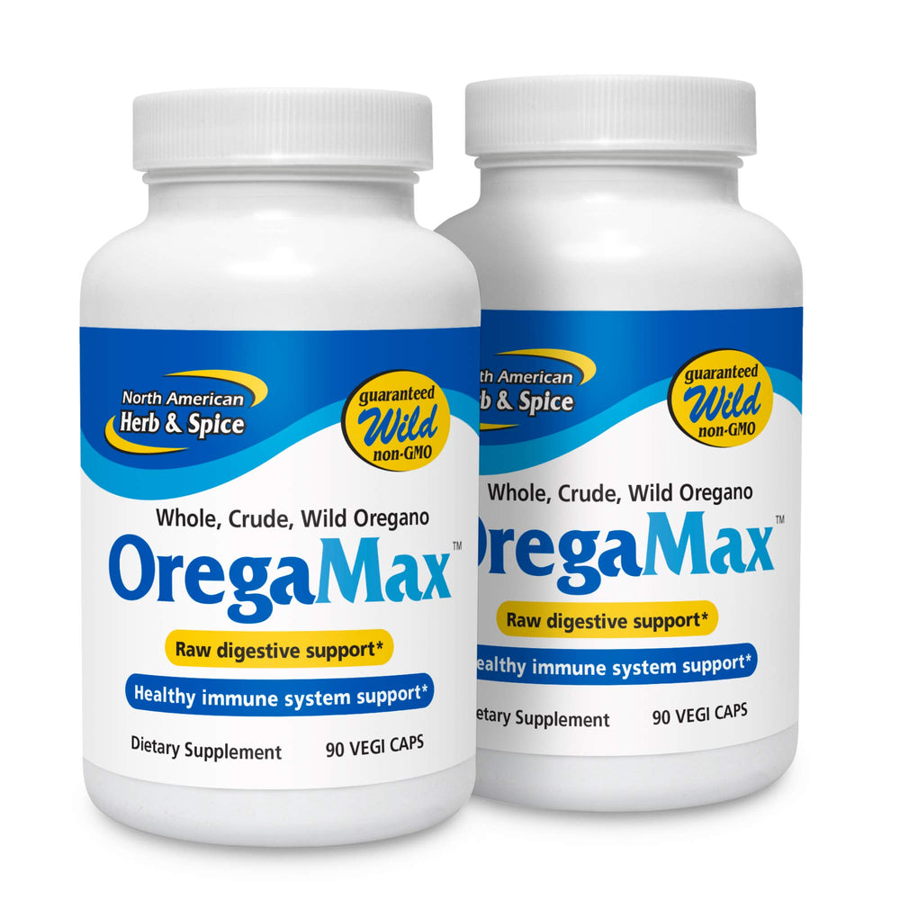 Oregamax bottle front showing 90 and 180 Vegi-Caps