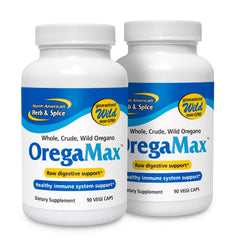 Oregamax bottle front showing 90 and 180 Vegi-Caps