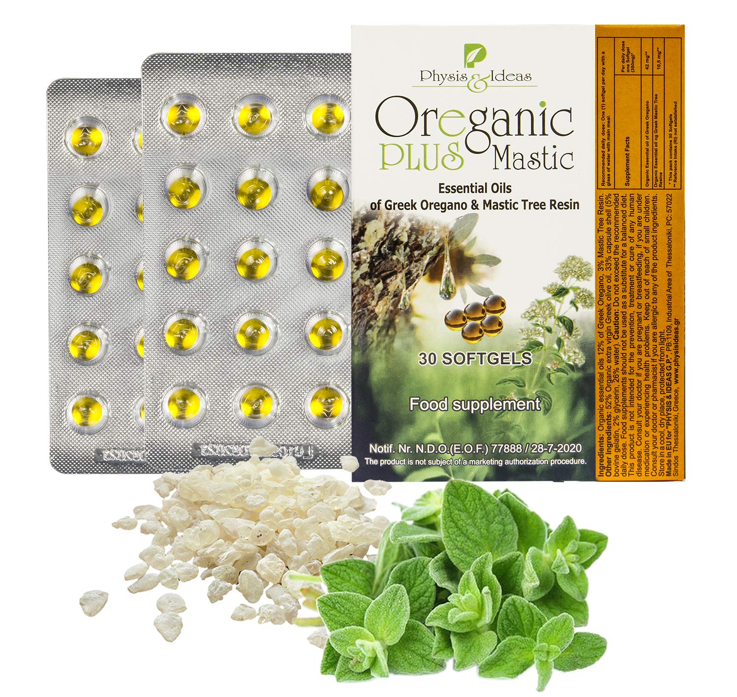 Close-up of Oreganic Plus Mastic softgel capsules