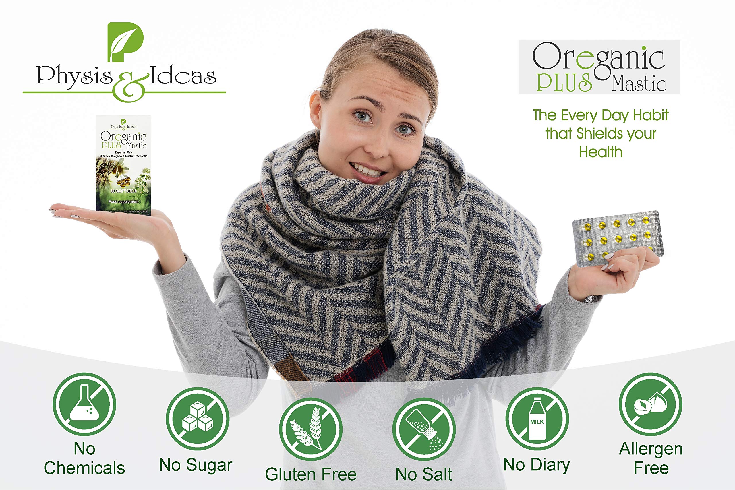 Infographic showing oregano and mastic gum ingredients