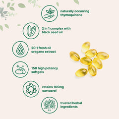 Oregano and black seed oil complex softgels with carvacrol and thymoquinone
