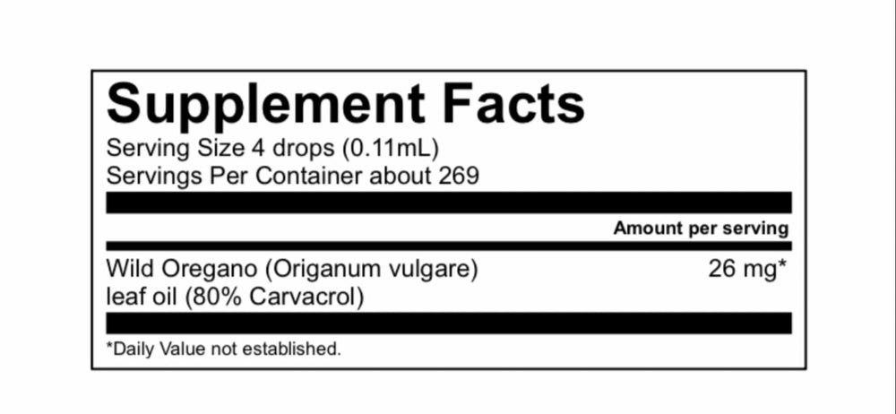 Ingredient list showing wild organic oregano oil and olive oil carrier