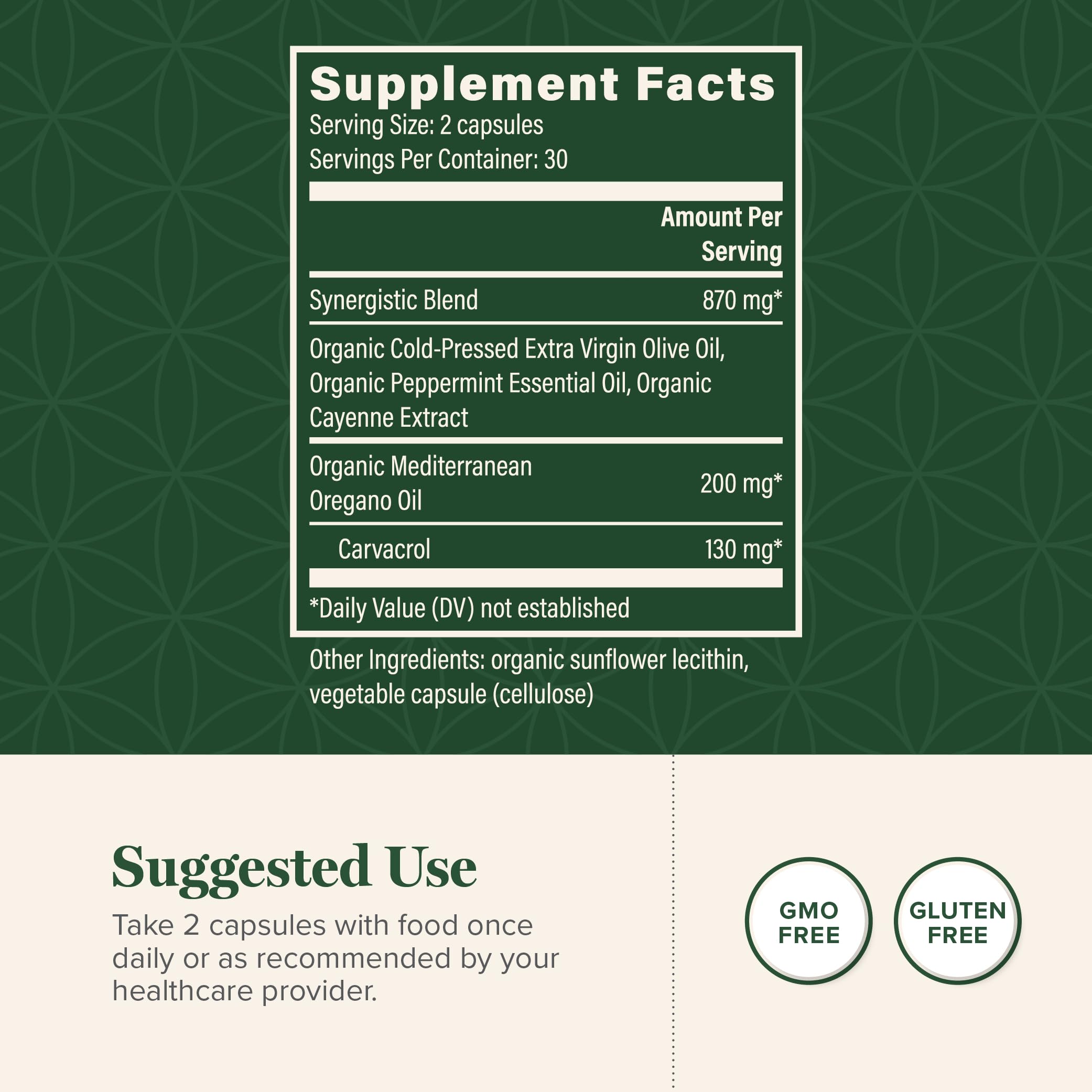 Ingredients label showing organic oregano oil and olive oil