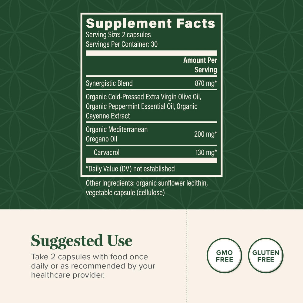 Ingredients label showing organic oregano oil and olive oil