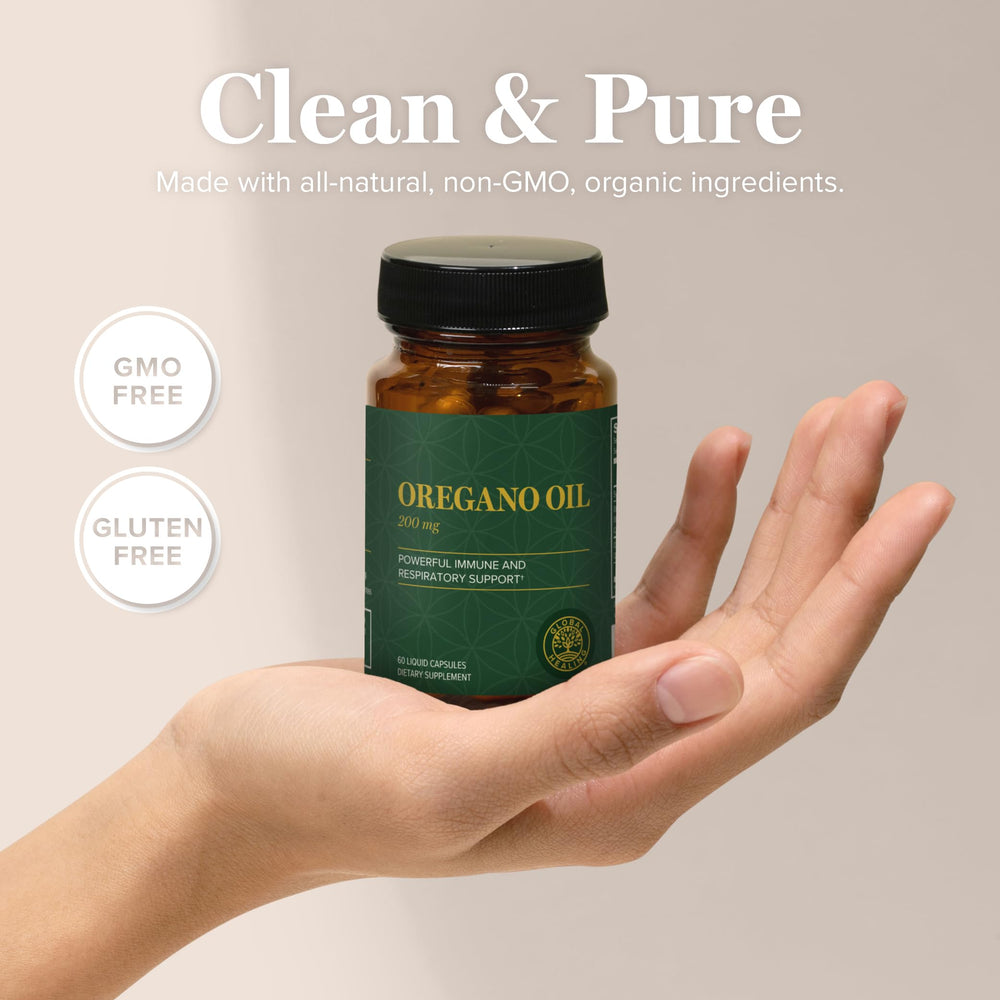 Easy-to-swallow oregano oil capsules on a white surface
