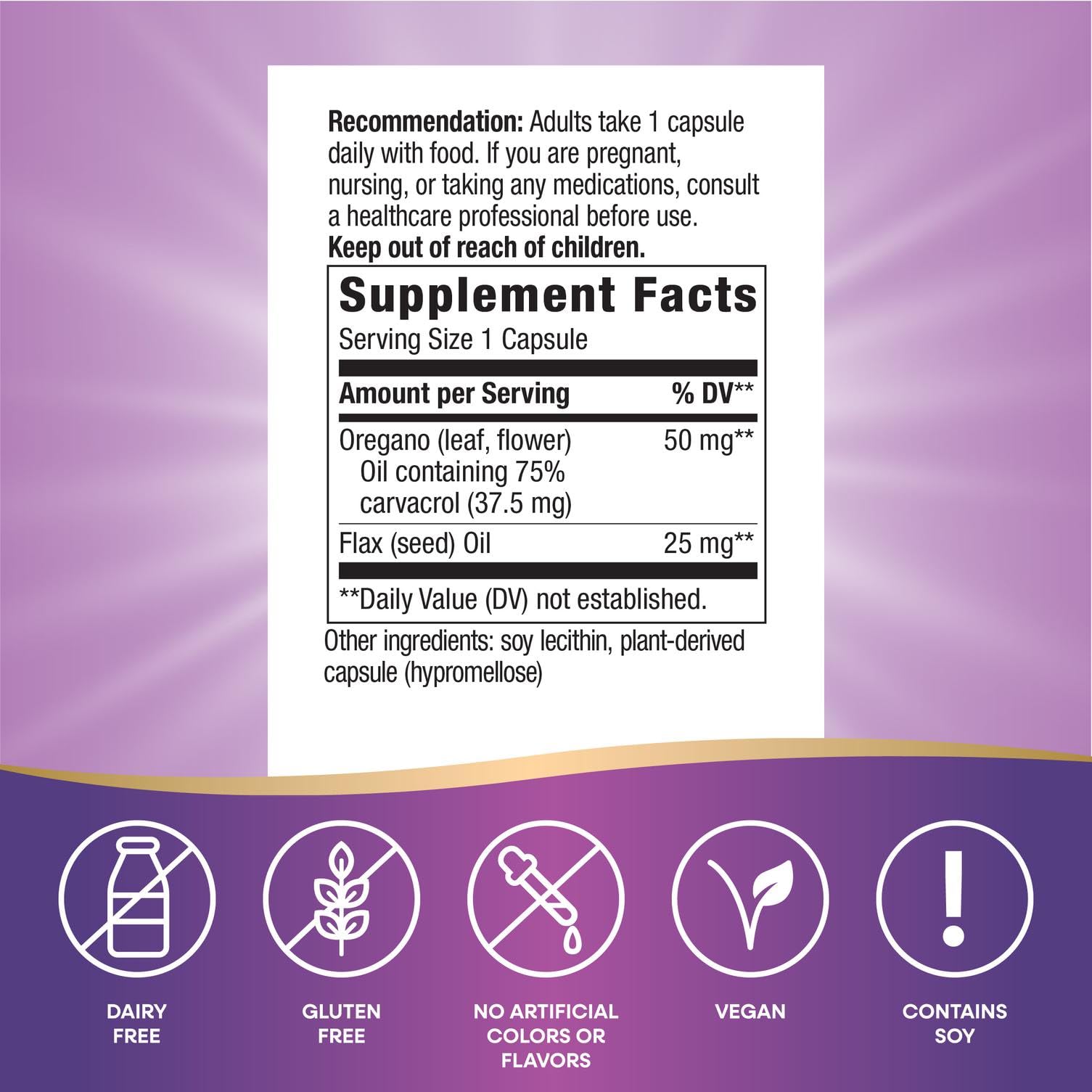 Close-up of oregano oil capsules, 60 vegan capsules per bottle