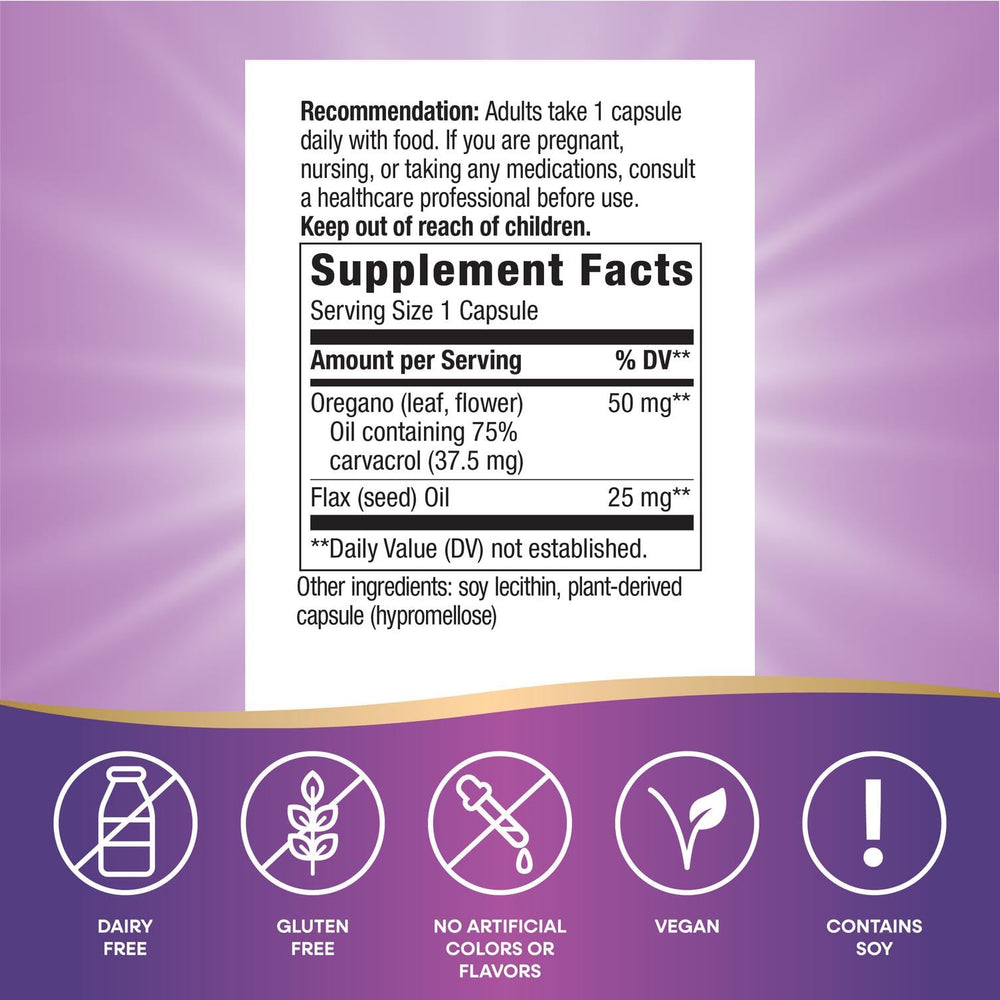 Close-up of oregano oil capsules, 60 vegan capsules per bottle