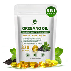 Hero image showing 5-in-1 Organic Oregano Oil Capsules with Black Seed Oil and Vitamin D3