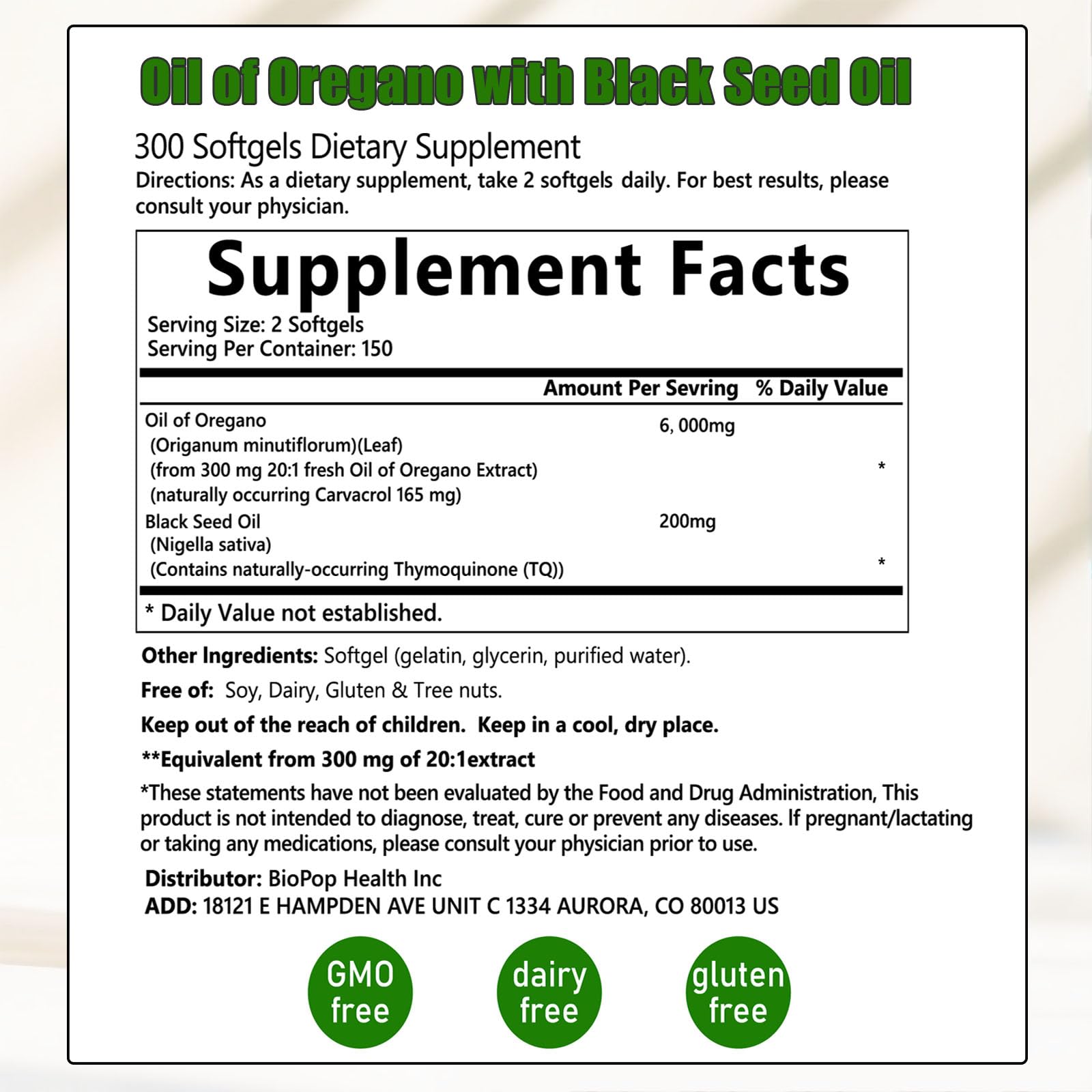 Oregano oil capsules organic 6000mg with black seed oil label