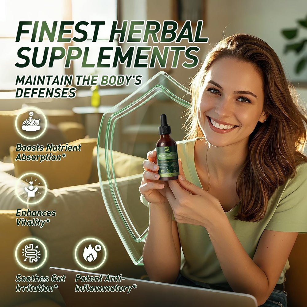 Oregano oil drops with elderberry supplement and vegan label