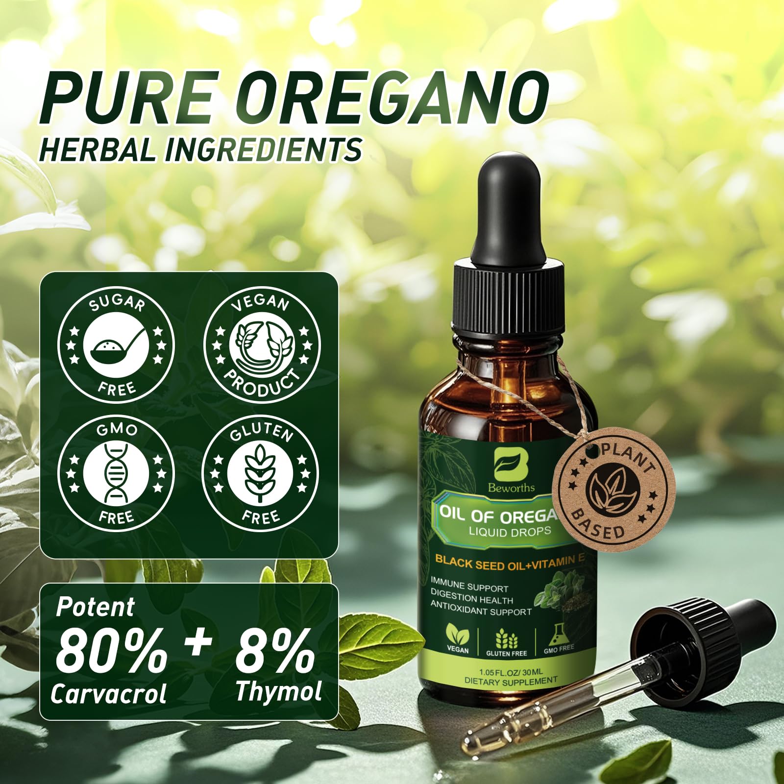 1 fl oz bottle of oregano oil drops on a neutral background