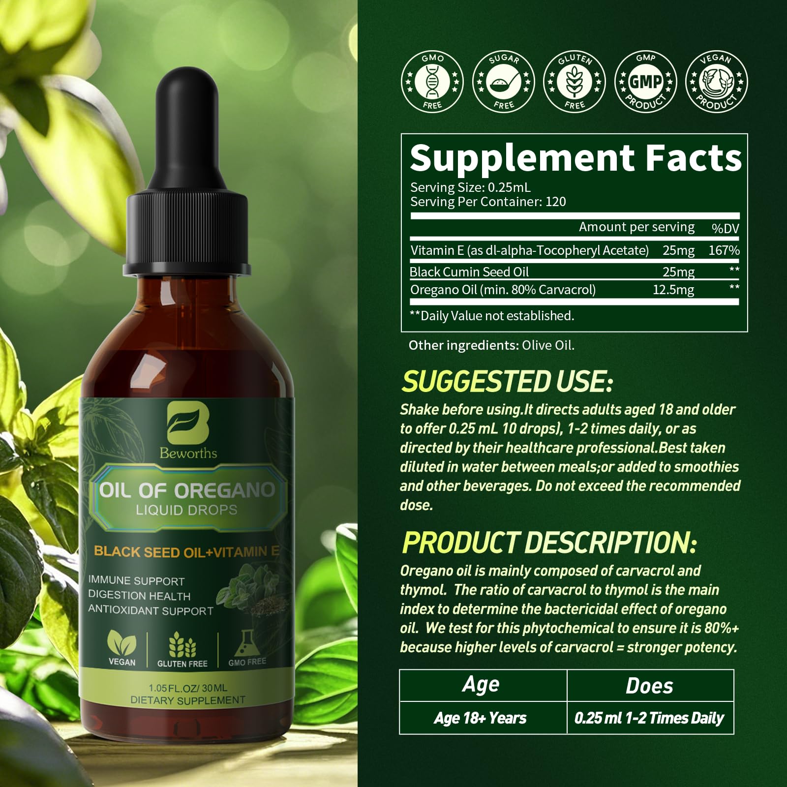 Lifestyle image of oregano oil drops on a kitchen counter