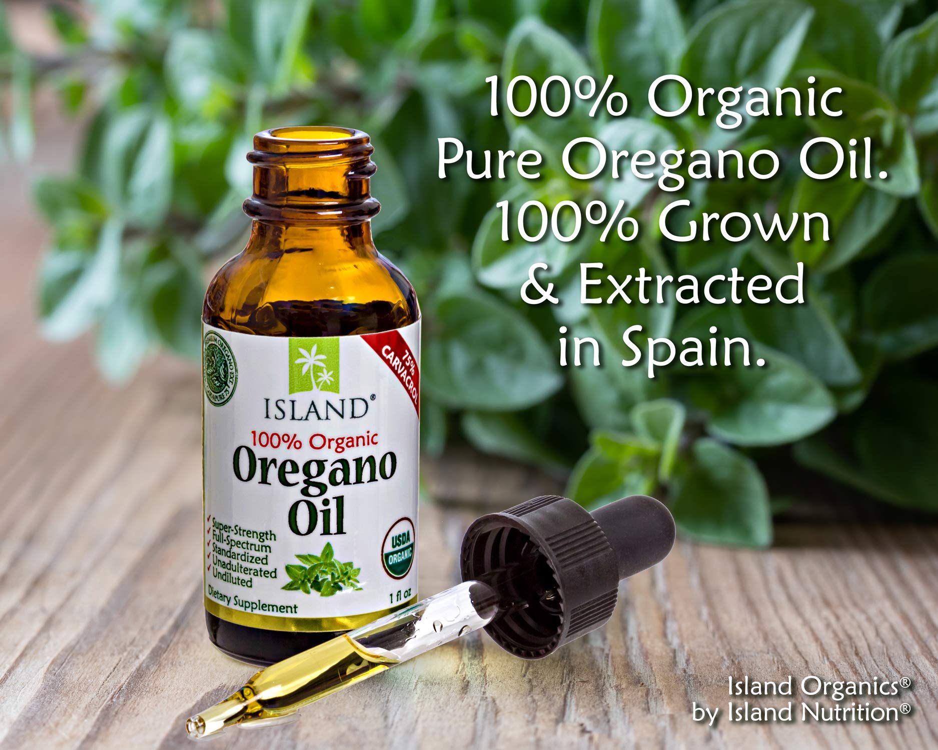 Oregano oil drops 75% carvacrol bottle close-up