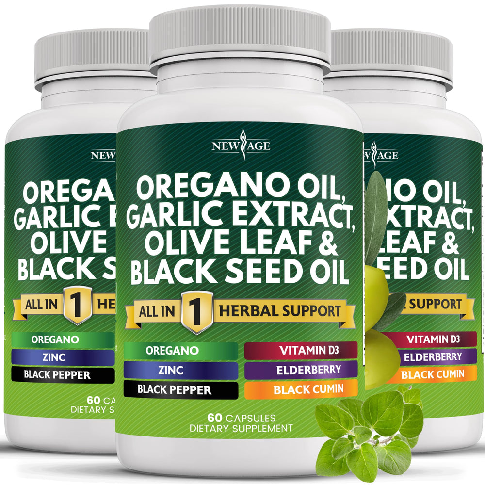 NEW AGE Oregano Oil Garlic Extract Olive Leaf with Astragalus bottle label