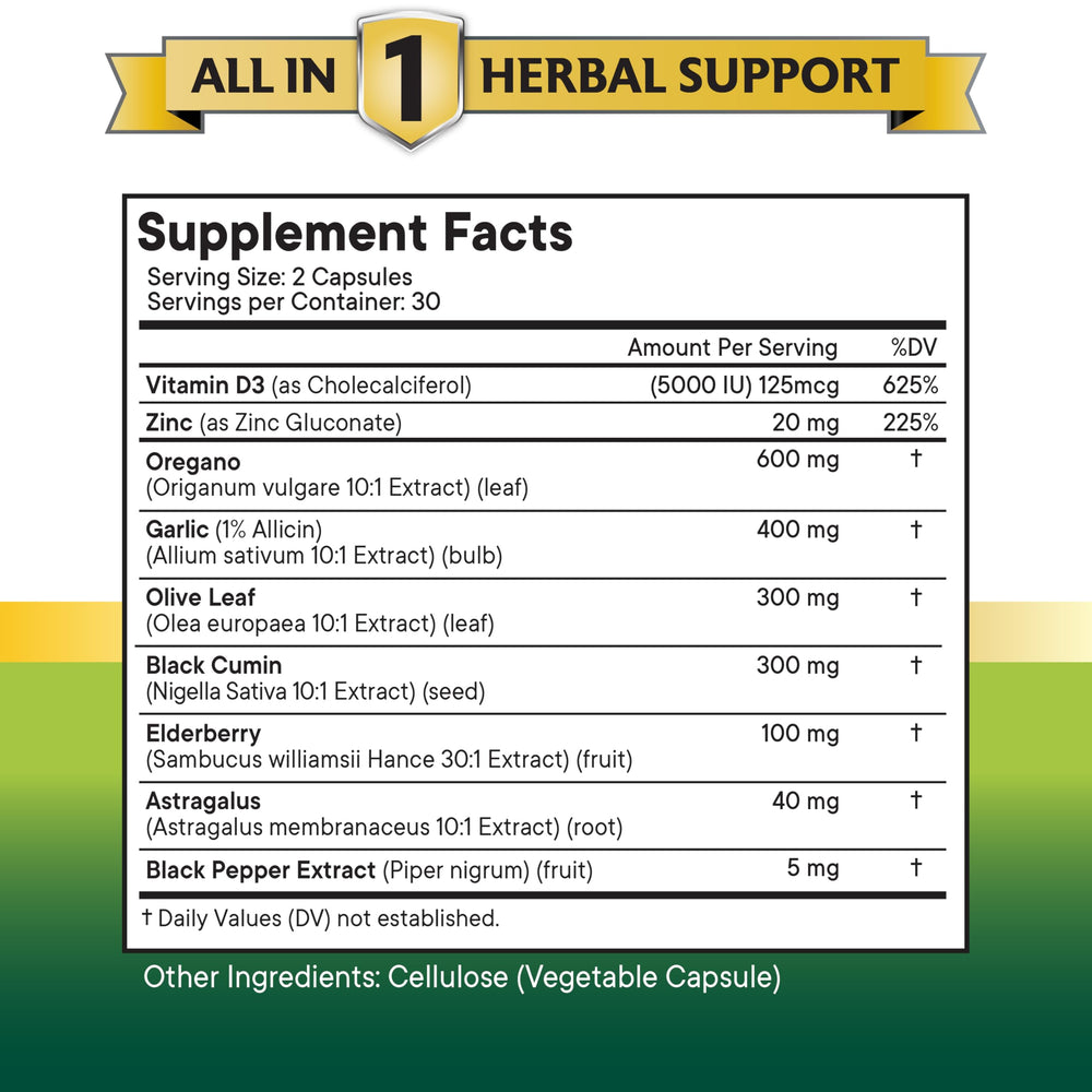 Herbal capsules featuring oregano oil garlic extract olive leaf astragalus