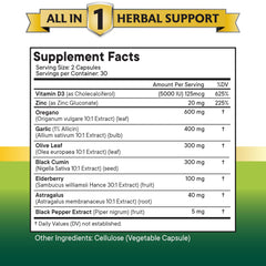 Herbal capsules featuring oregano oil garlic extract olive leaf astragalus