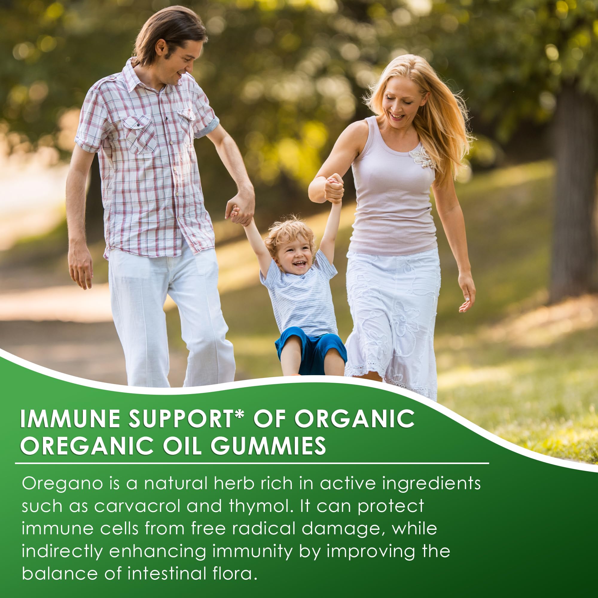 Illustration of kids and adults enjoying Oregano Oil Gummies