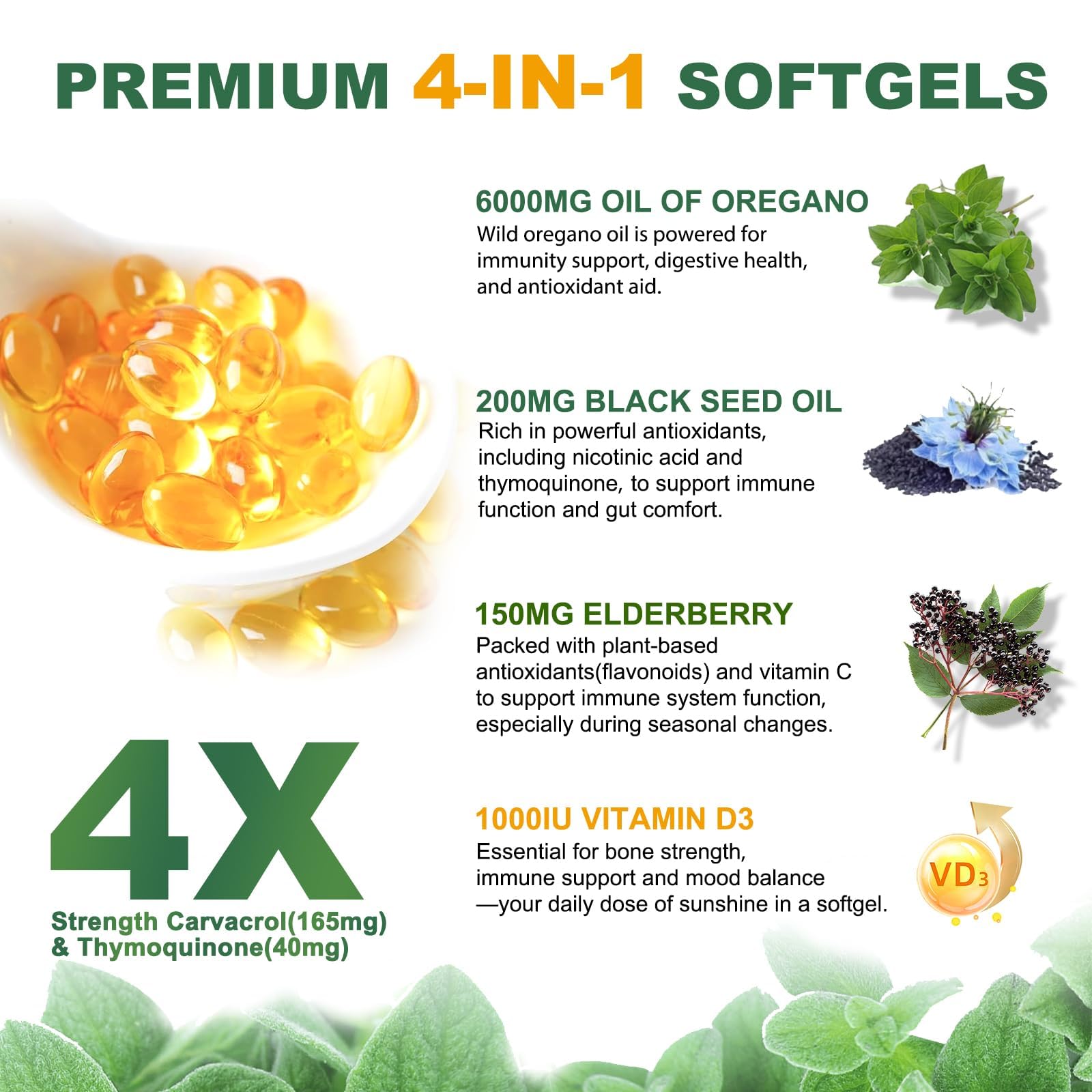 Close-up of oregano oil softgels highlighting 6,000mg per serving with carvacrol and thymoquinone