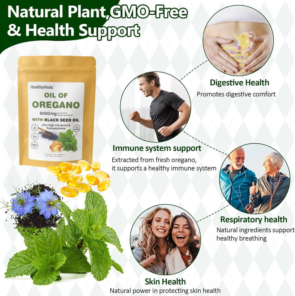 Illustration showing 6000mg Oil of Oregano and 200mg Black Seed Oil