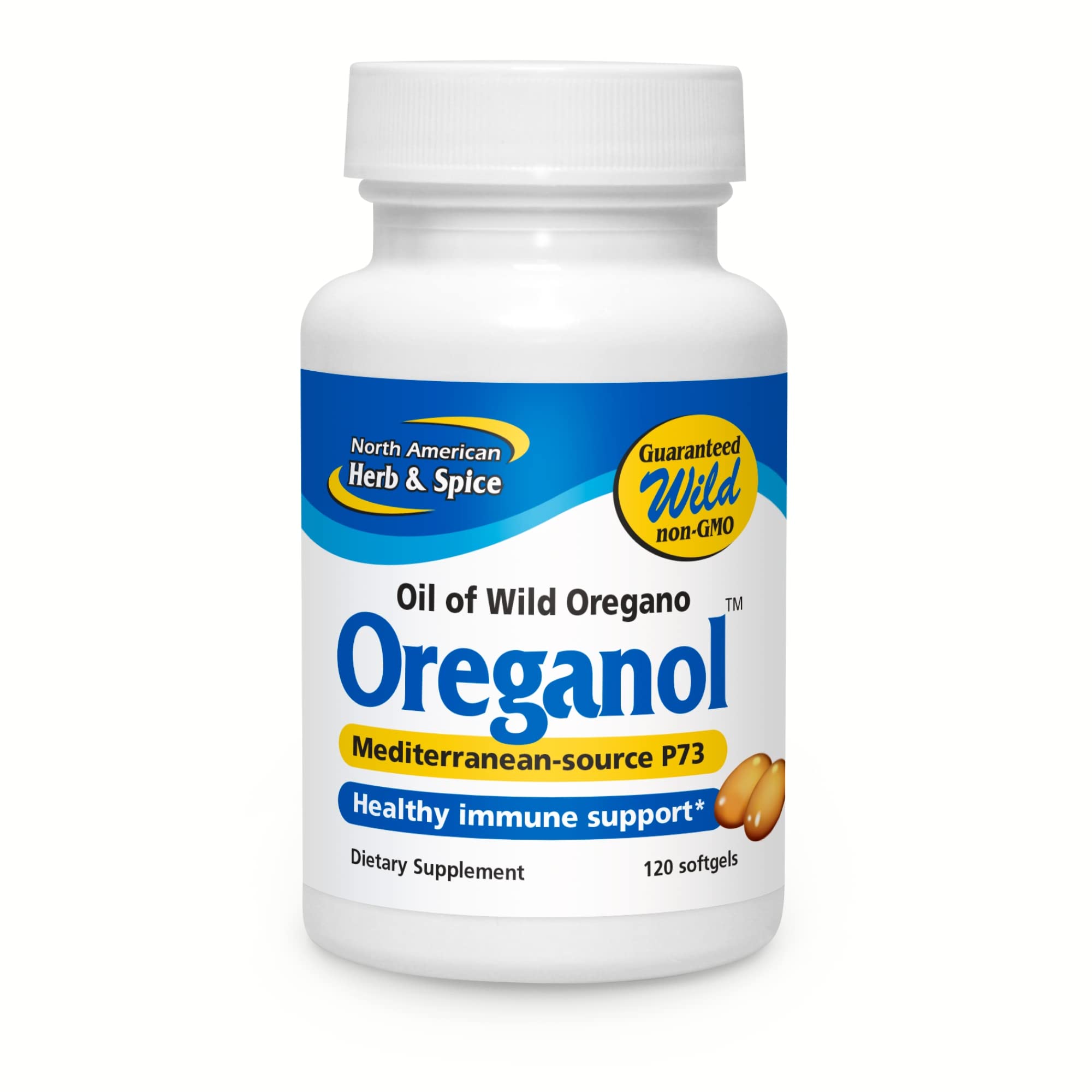 Bottle of Oreganol P73 Softgels with North American Herb & Spice label