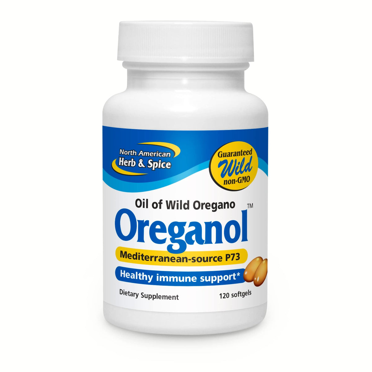Bottle of Oreganol P73 Softgels with North American Herb & Spice label