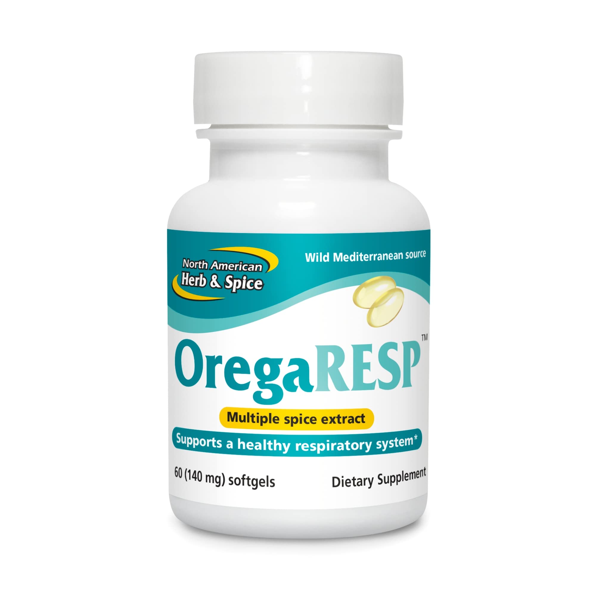 Front view of OregaResp P73-60 Softgels bottle