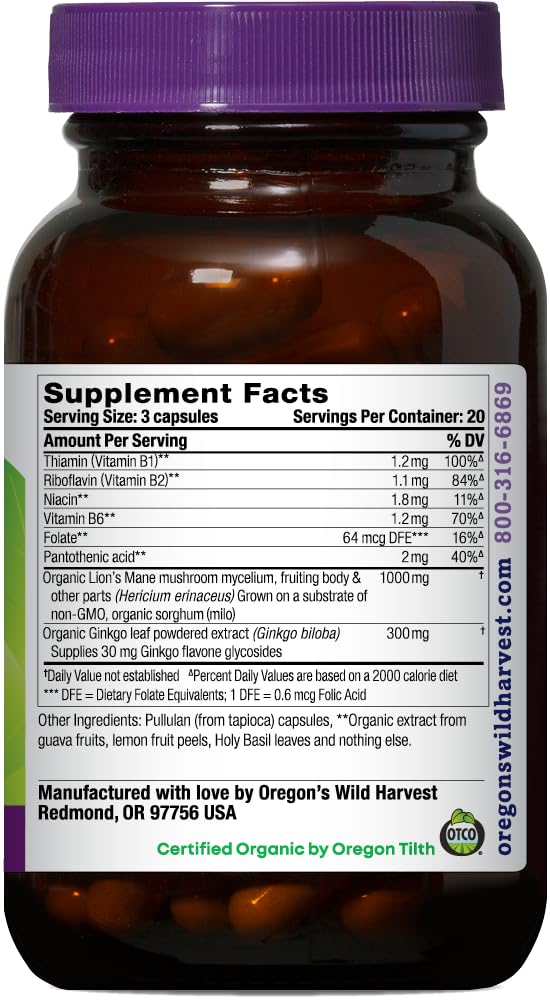 Close-up of capsules and organic ingredients for Lion's Mane brain support