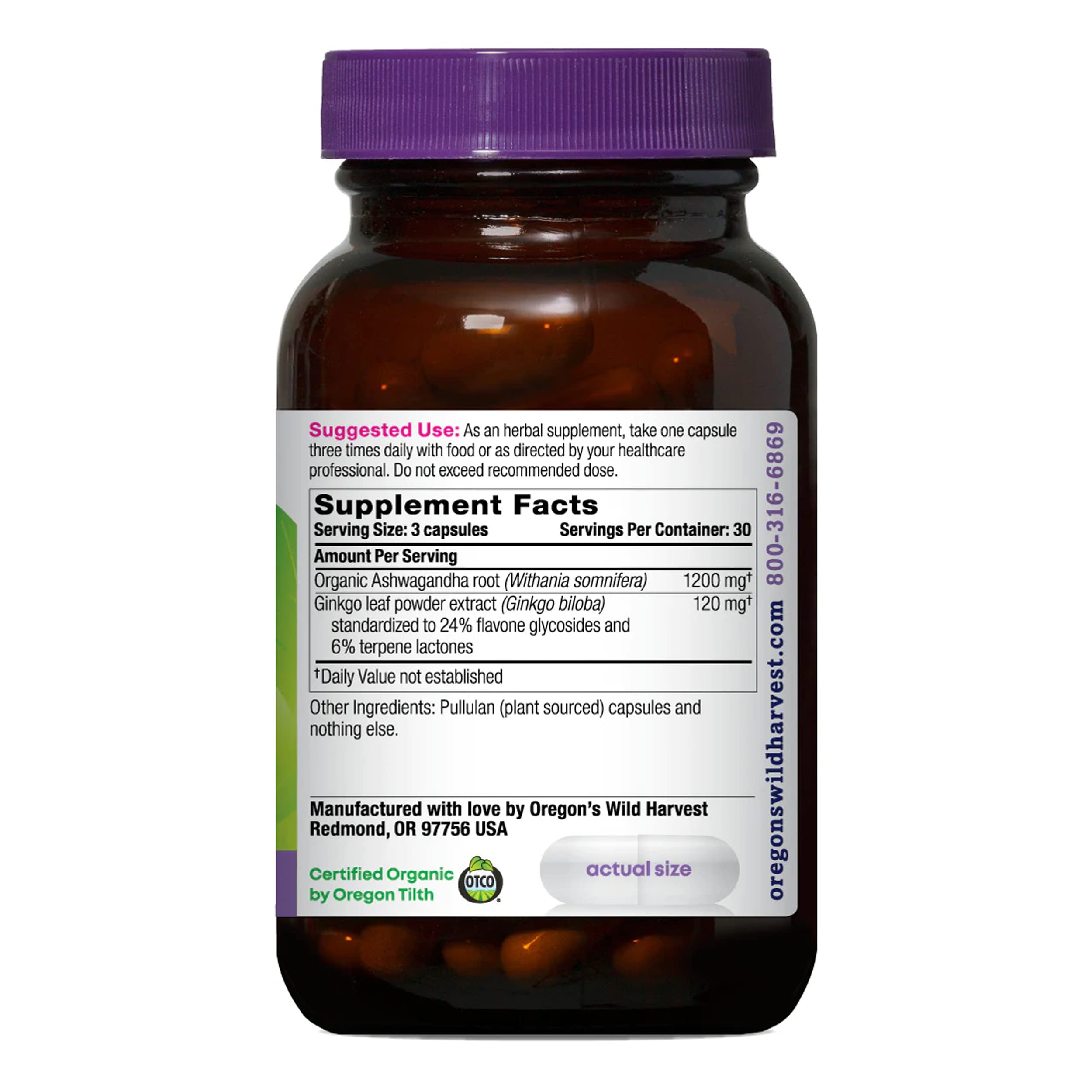 Certified organic Ashwagandha root and Ginkgo leaf extract ingredients