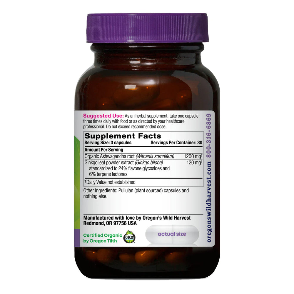 Certified organic Ashwagandha root and Ginkgo leaf extract ingredients
