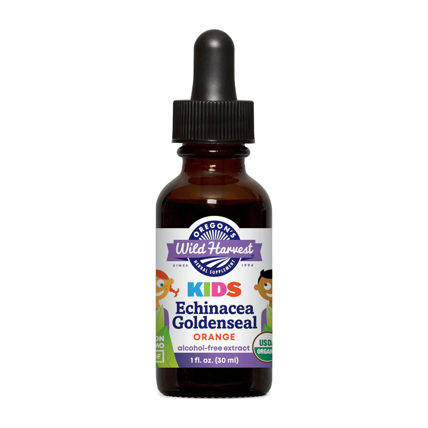 Oregon's Wild Harvest Children's Echinacea Goldenseal Orange Organic Herbal Supplement bottle, 1 oz