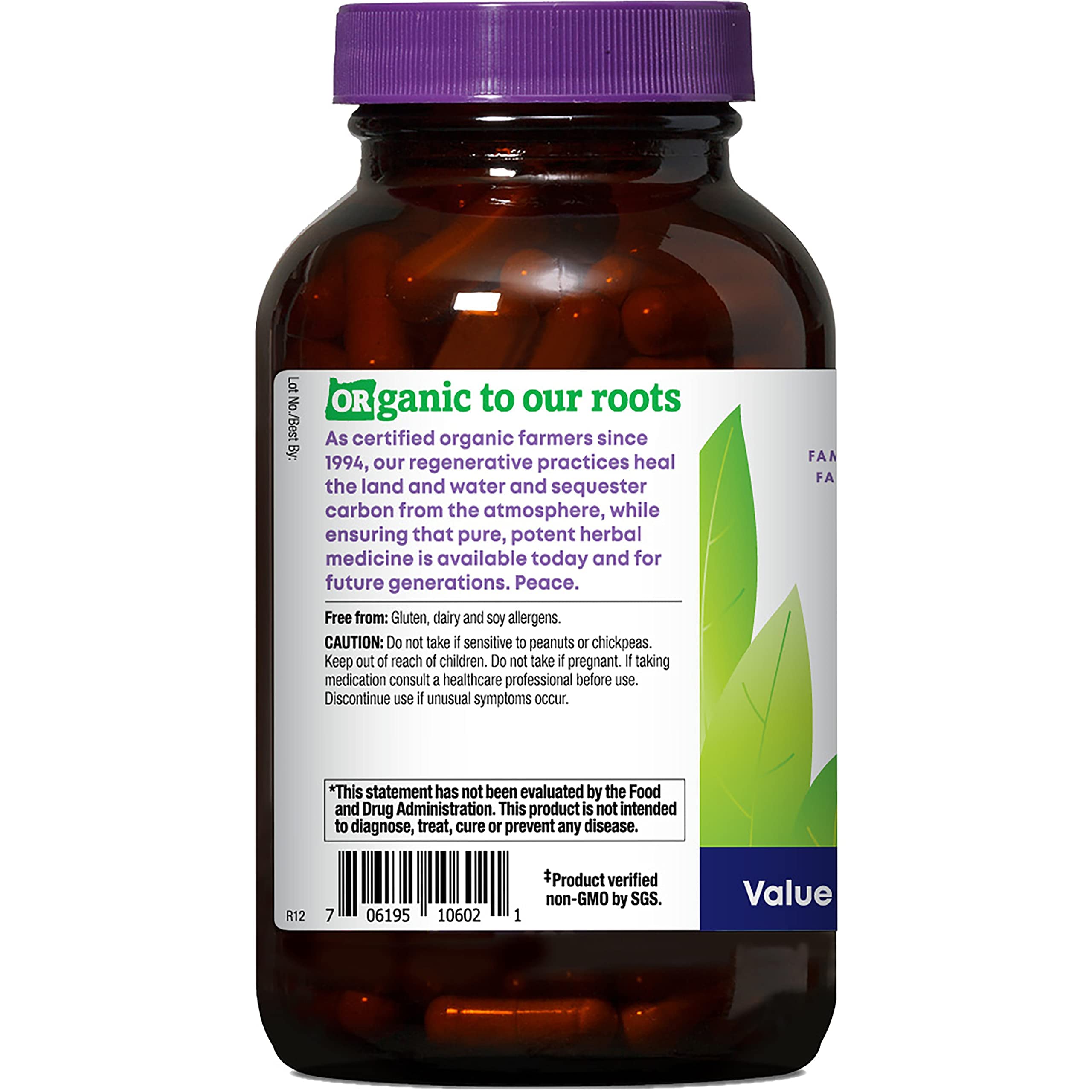 Label displaying Non-GMO and SGS verification on Fenugreek capsules