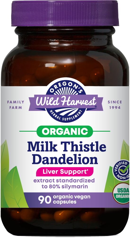 Front view of Oregon's Wild Harvest Milk Thistle Dandelion Capsules bottle, 90-count