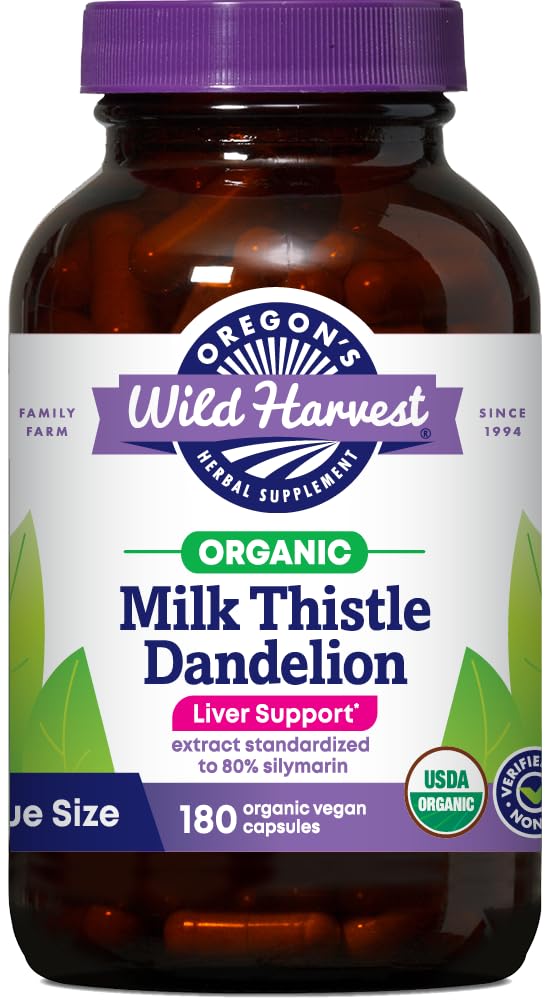 Front view of Oregon's Wild Harvest Milk Thistle Dandelion Organic 180 Count bottle