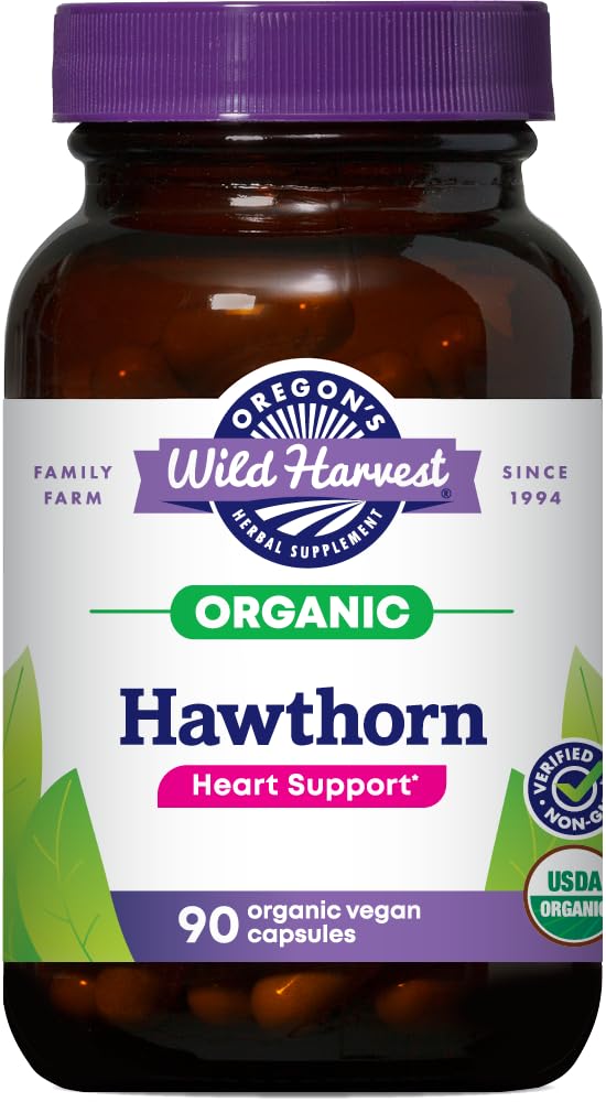 Bottle of Oregon's Wild Harvest Hawthorn capsules with certified organic label
