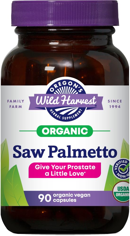Front view of Oregon's Wild Harvest Saw Palmetto Pygeum vegan capsules bottle