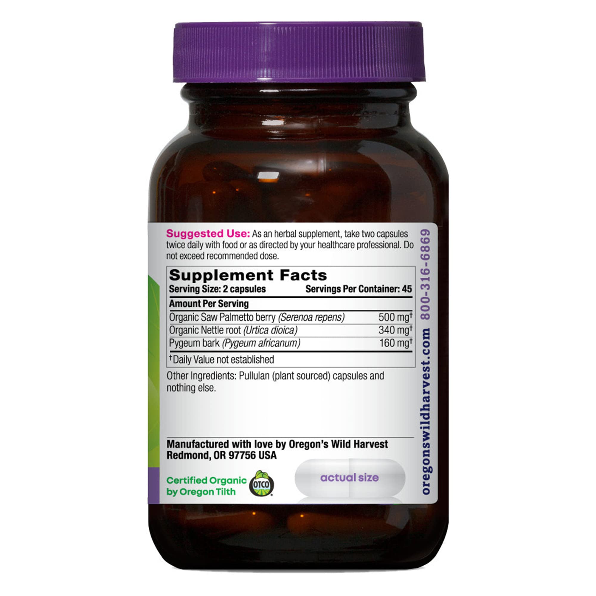 Ingredients: organic Saw Palmetto berry, Pygeum bark, nettle root