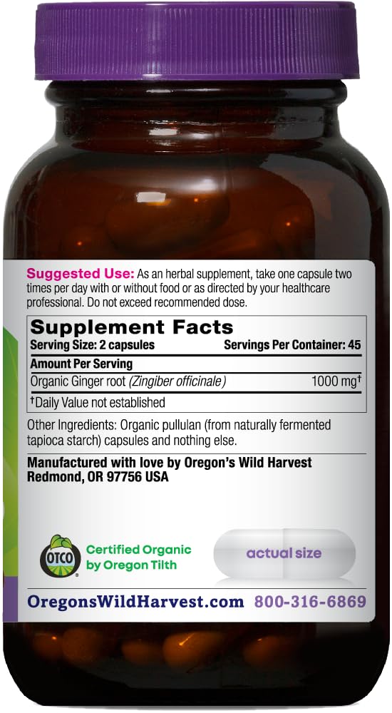 Label highlighting 1000 mg per serving of certified organic ginger