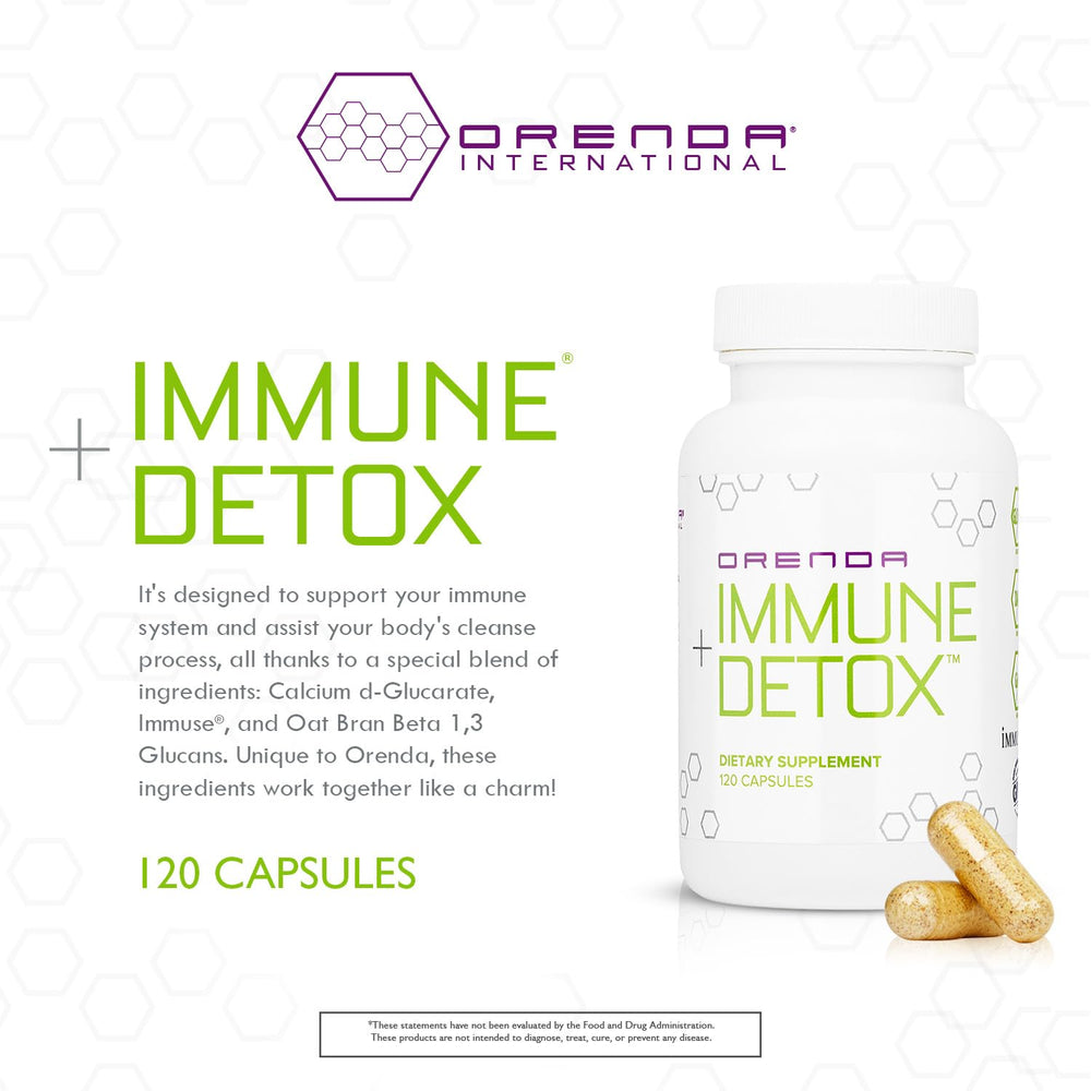 Orenda Immune + Detox calcium-d-glucarate illustration highlights targeted cleansing support idea.