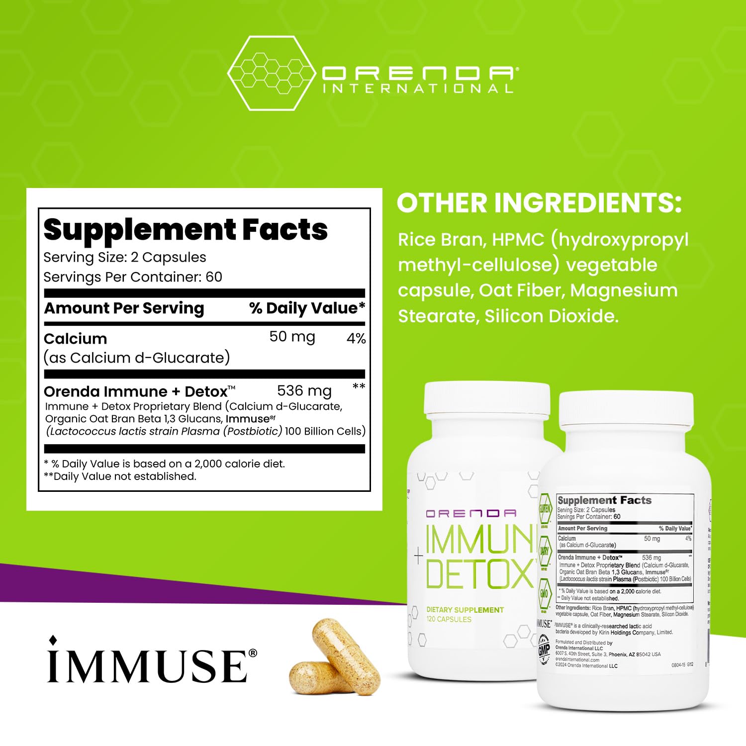 Orenda Immune + Detox capsules closeup emphasizes convenient daily dosing for resilience.