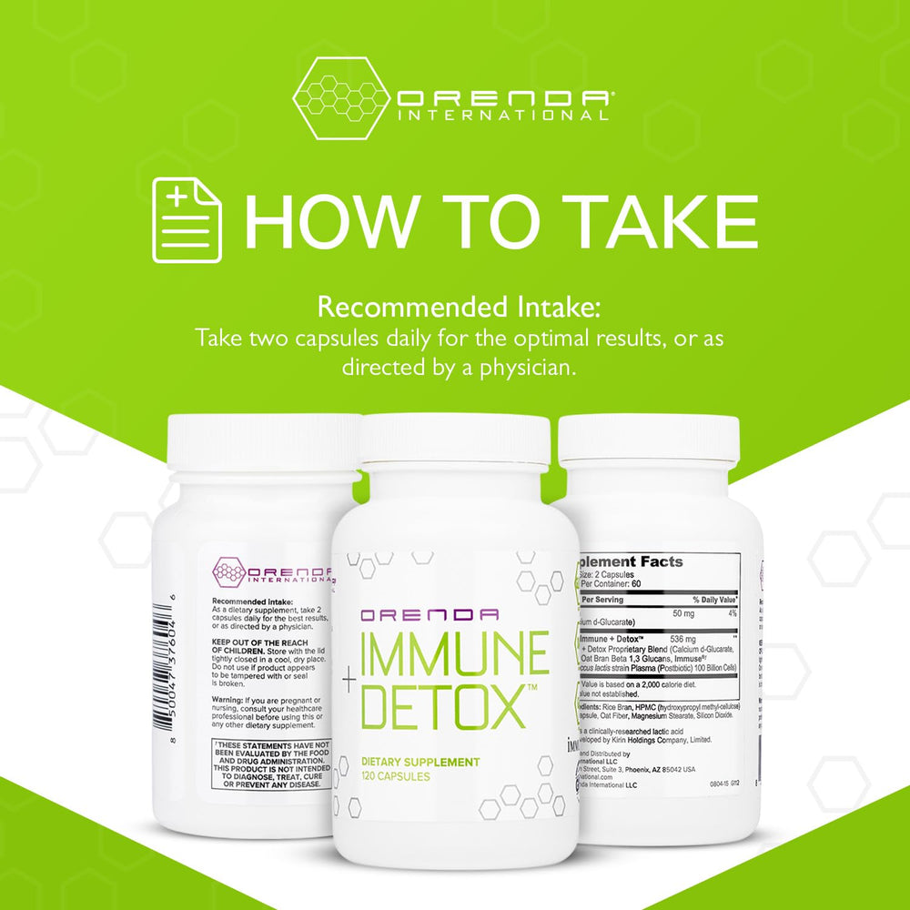 Recommended daily dosage of Orenda Immune + Detox two capsules