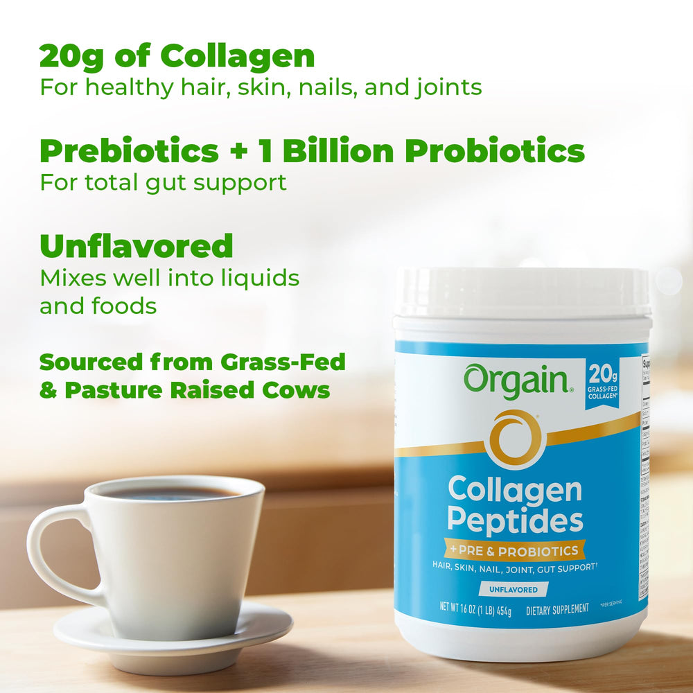 Orgain collagen tub beside a coffee cup for a morning routine