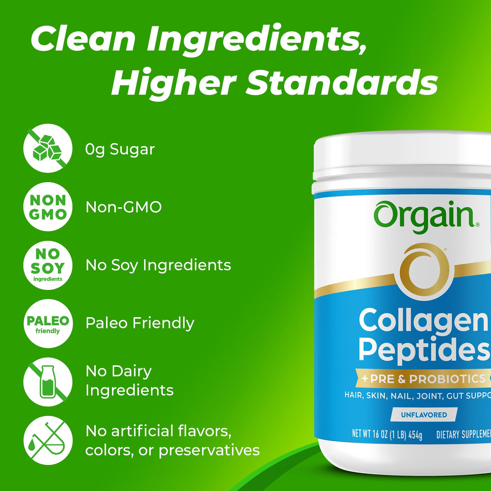 Unflavored Orgain collagen dissolves in a glass of water