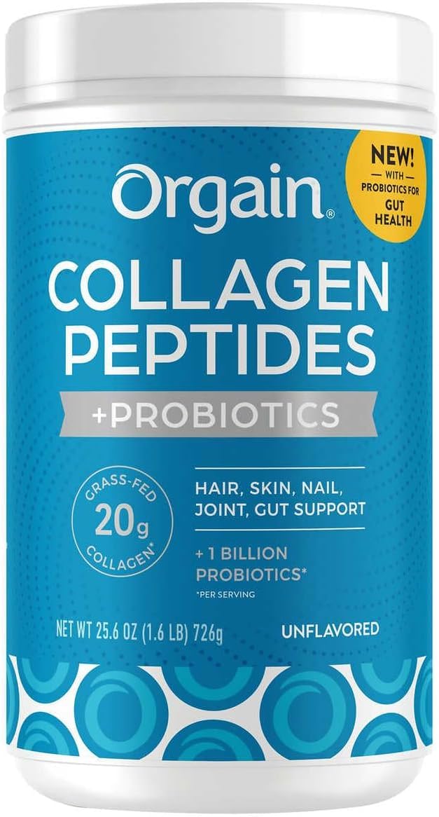 Orgain Collagen + Superfoods jar label showing 20 g grass-fed collagen