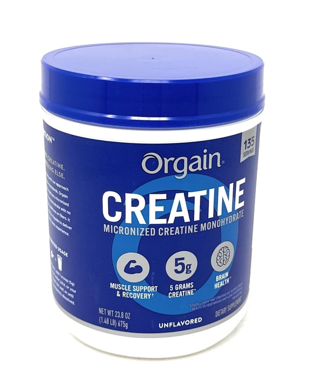 Front view of Orgain 5g micronized creatine monohydrate unflavored 1.48 lb tub