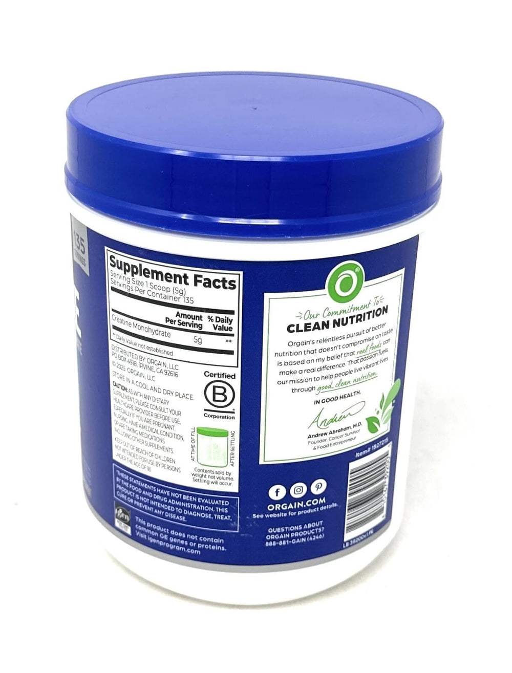 Nutrition facts panel for Orgain 5g creatine monohydrate unflavored