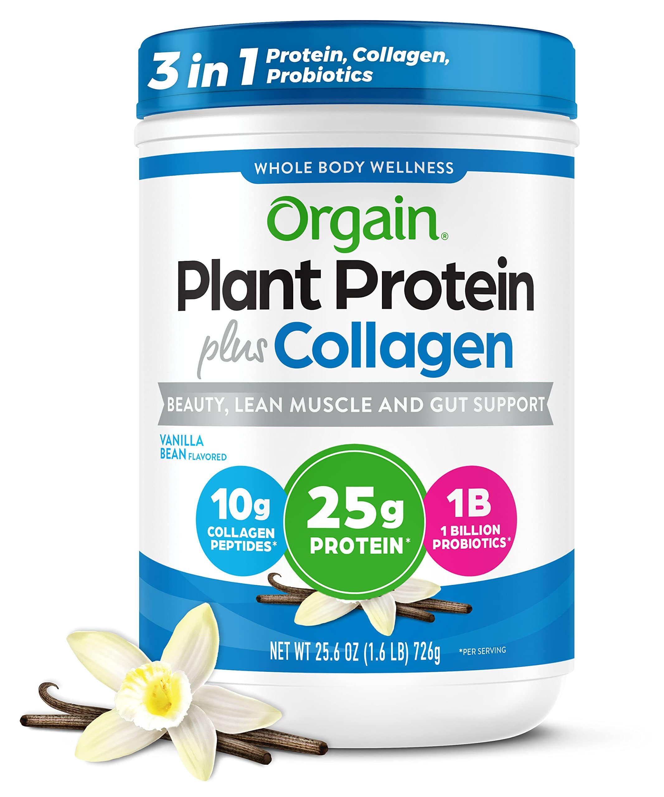 Orgain Vanilla Bean Protein Powder + Collagen front of 1.6 lb bottle