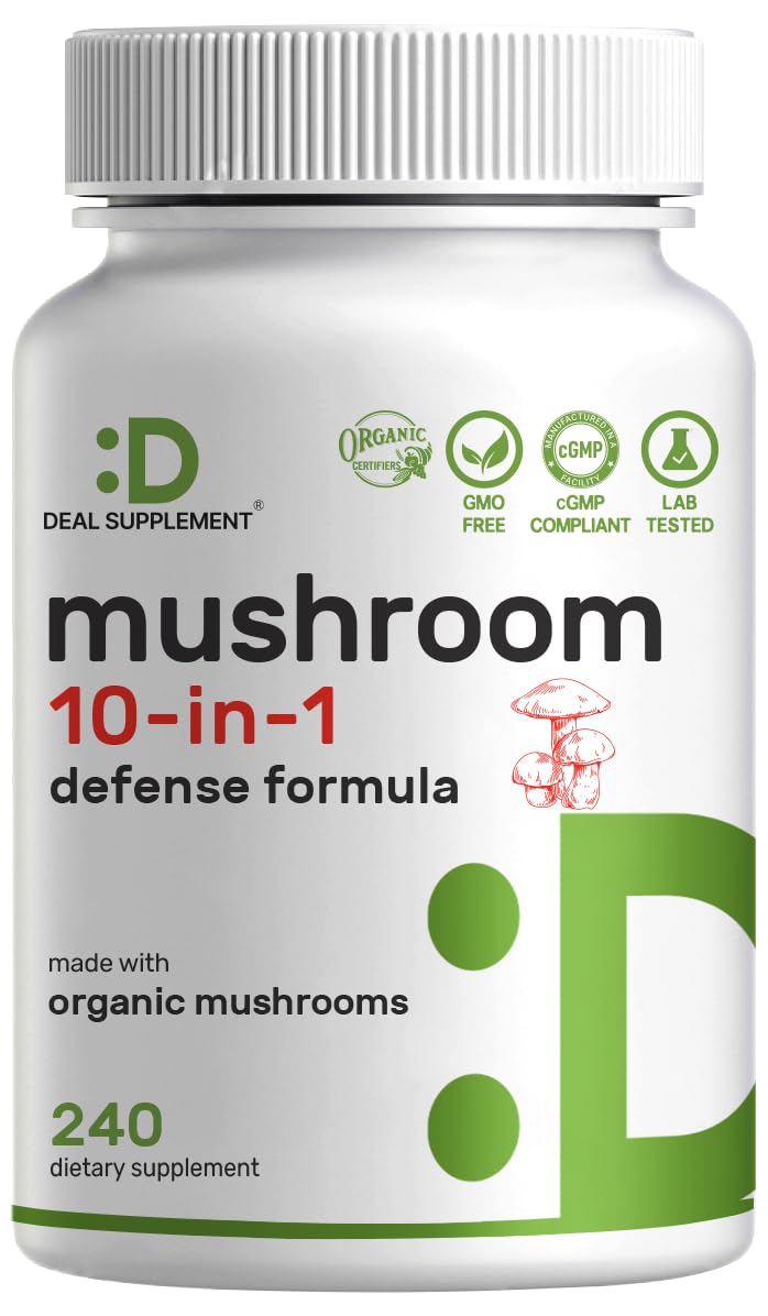 Organic 10-in-1 mushroom supplement bottle with 240 capsules